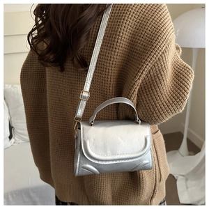 Chic silver crossbody bag shown on model for size perspective in a cozy setting