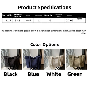Detailed size chart and multi-color options for the quilted down cotton tote bag
