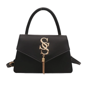 Fashionable black PU leather handbag with golden S-logo and metallic chain tassel