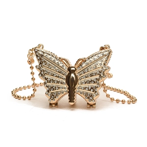 Mini butterfly metal clutch with sparkling rhinestones and a gold bead chain strap