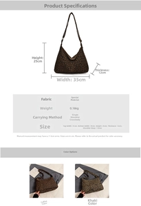 Detailed chart showing leopard print tote bag dimensions, capacity and color options