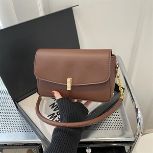 Minimalist brown crossbody bag with gold buckle and chain strap on a designer background