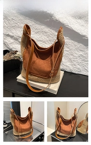 Détails du sac seau en daim marron avec bordure en peau de mouton et bandoulière en cuir