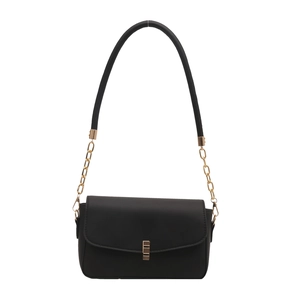 Minimalist black matte underarm bag with elegant gold metal lock and chain strap