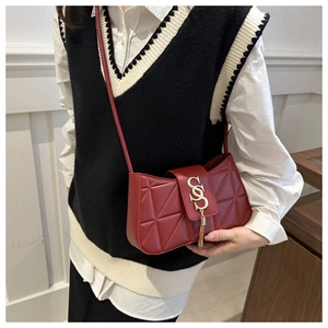 Detail of red quilted leather shoulder bag with gold tassel and S-shaped buckle