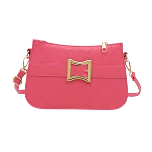 Rose pink quilted crossbody bag with stylish gold buckle and adjustable strap