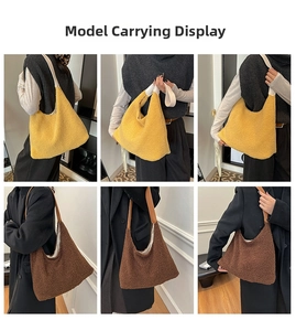 Detailed views of coffee and yellow plush sherpa tote bags showing soft texture and fit