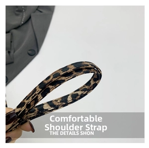 Detail view of thick leopard print fabric shoulder strap with textured canvas finish