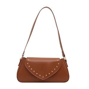 Vintage brown PU leather shoulder bag with gold rivet accents and triangular flap cover