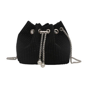 Elegant black rhinestone bucket bag with silver chain and white pearl charms