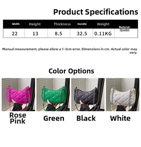 Size chart for quilted shoulder bag with dimensions 22x13x8.5cm and chain strap details