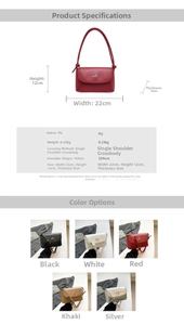 Size guide and technical specs for bow shoulder bag showing dimensions and colors
