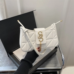 White quilted underarm bag with gold SS lock and tassel, minimalist crossbody style