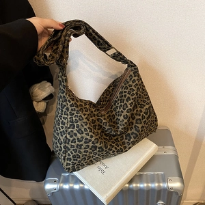 Leopard Print Canvas Crossbody Bag Large Capacity Hobo Style Adjustable Strap Casual Shoulder Tote For Women