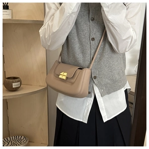 Detail of minimalist beige baguette bag with gold metal clasp shown in mirror selfie