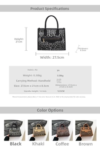 Detailed size chart and multi-color selection of leopard print PU leather tote bag