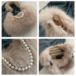 Detail of plush faux fur shoulder bag featuring large pearl beads and metal zipper