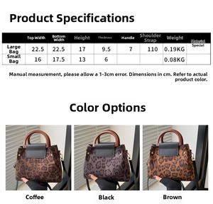 Size chart showing leopard print handbag dimensions for large and small versions