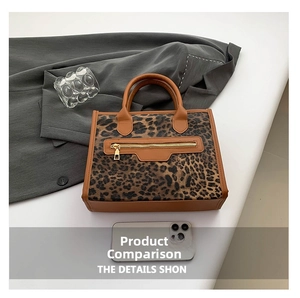 Leopard print tote bag with brown trim and front zipper detail shown next to a phone