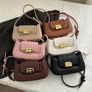 Baguette Shoulder Bag PU Leather Knotted Strap Gold Geometric Buckle French Style Minimalist Underarm Handbag For Women