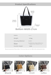 Detailed size chart and dimensions for the plush trim tote bag in four neutral colors