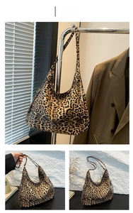 Detailed views of brown leopard print tote bag with adjustable shoulder strap and side buckles