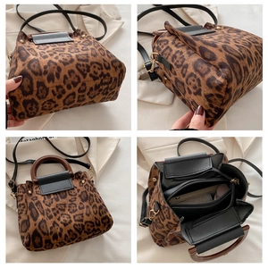 Multiple views of leopard print handbag showing interior compartments and textured finish