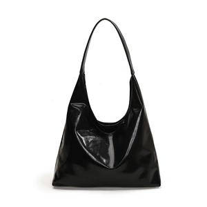Minimalist black glossy leather hobo shoulder bag for women with high-shine finish