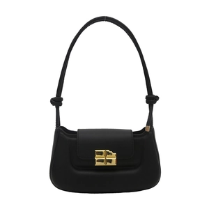 French style black leather underarm bag with gold geometric buckle and knotted strap