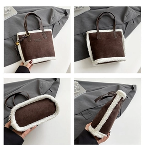 Detail view showing four angles of a suede tote bag with white faux fur trim and gold chain