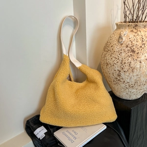 Chic mustard yellow plush hobo bag with white faux leather strap for autumn and winter