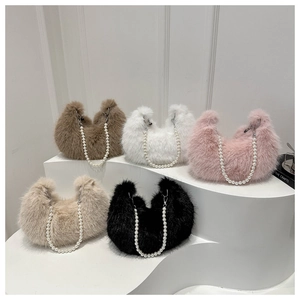 Close-up of fluffy faux fur handbags in five colors featuring elegant pearl chain handles