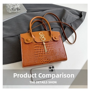 Brown crocodile embossed handbag with gold SS logo and smartphone for size comparison