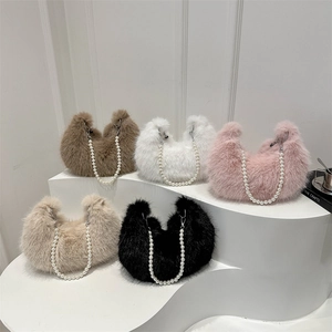 Plush Faux Fur Crescent Hobo Bag With Decorative Faux Artificial Pearl Chain Zipper Closure Winter Underarm Shoulder Bag Women