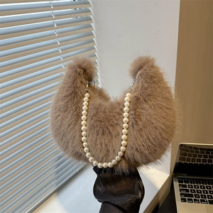 Minimalist brown faux fur hobo bag with elegant oversized pearl chain handle strap