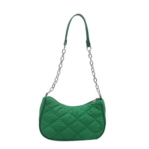 Green quilted small shoulder bag with silver chain and chic rhombic stitched patterns