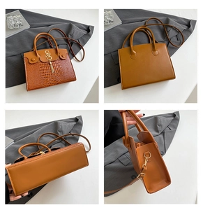 Brown crocodile embossed handbag showing front, back, side, and bottom views in a grid