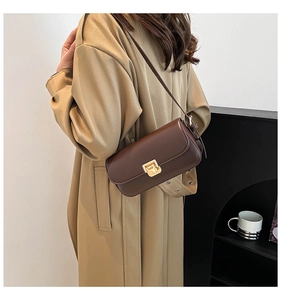 Close-up of a dark brown matte leather shoulder bag featuring a gold square metal clasp