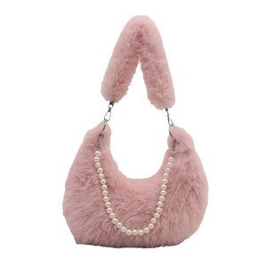 Pink plush crescent bag with pearl chain and soft faux fur for winter fashion