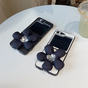 Folding Phone Case Luxury 3D Fabric Flower Rhinestone Crystal Faux Leather Cross Grain Texture For Flip Screen Women