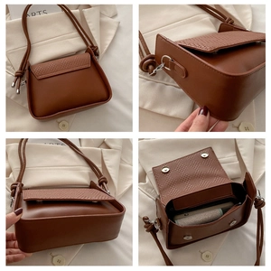 Detailed views showing the brown crossbody bag's texture, interior space, and structure