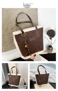 Detailed view of coffee brown suede tote bag with white faux fur trim and fashion plaque