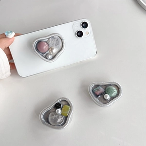 Silver-toned floral phone grip with pearls and stones in elegant irregular frame