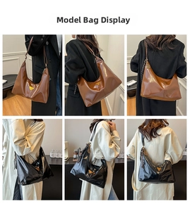 Detailed views of women large capacity hobo bag with tassel and metal plaque charm