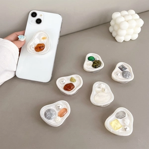 Supporto per telefono estetico con perle finte e pietre colorate con base color crema