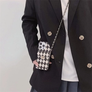 iPhone Case With Crossbody Chain Strap Argyle Checkered PU Leather Wallet Card Holder Metal Lock Flip Cover Protective Cover