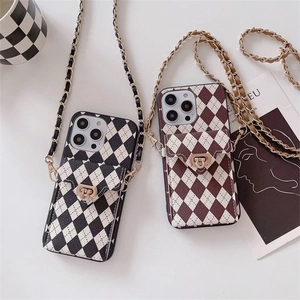 Lattice pattern leather iPhone 16 Pro Max case with wallet, crossbody chain, and metal clasp