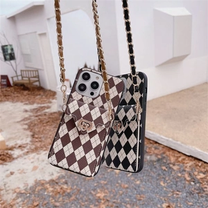 Luxury argyle leather case for iPhone 16 Pro Max with wallet pocket and crossbody chain