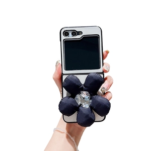 Luxurious leather phone case for Samsung Z Flip 6 with 3D fabric flower and crystals