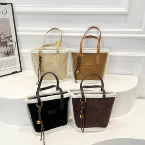 Faux shearling trim suede tote bag in four colors with fashion label and bell charm